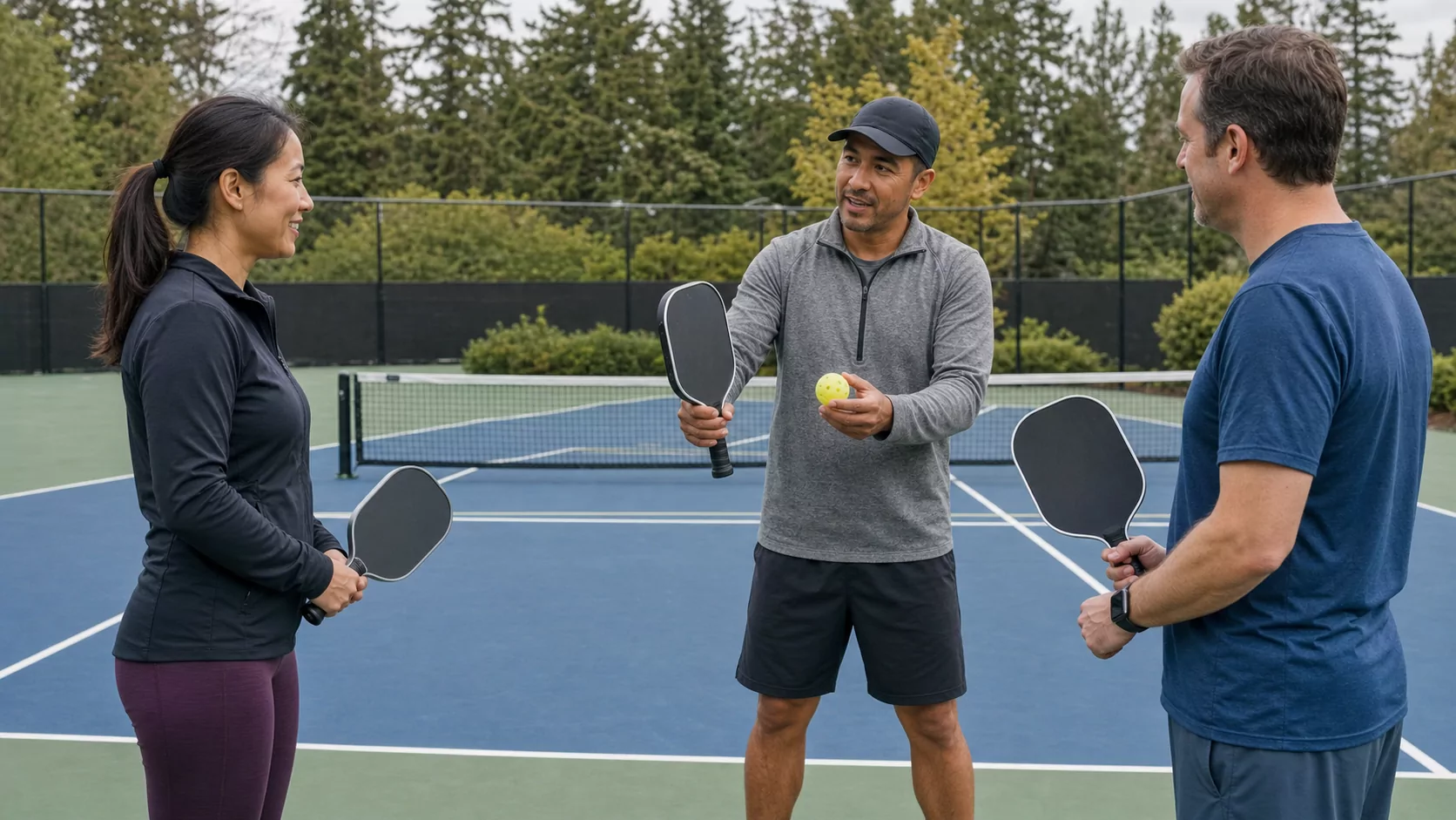 A coach introducing adult beginners to pickleball in Burnaby, British Columbia
