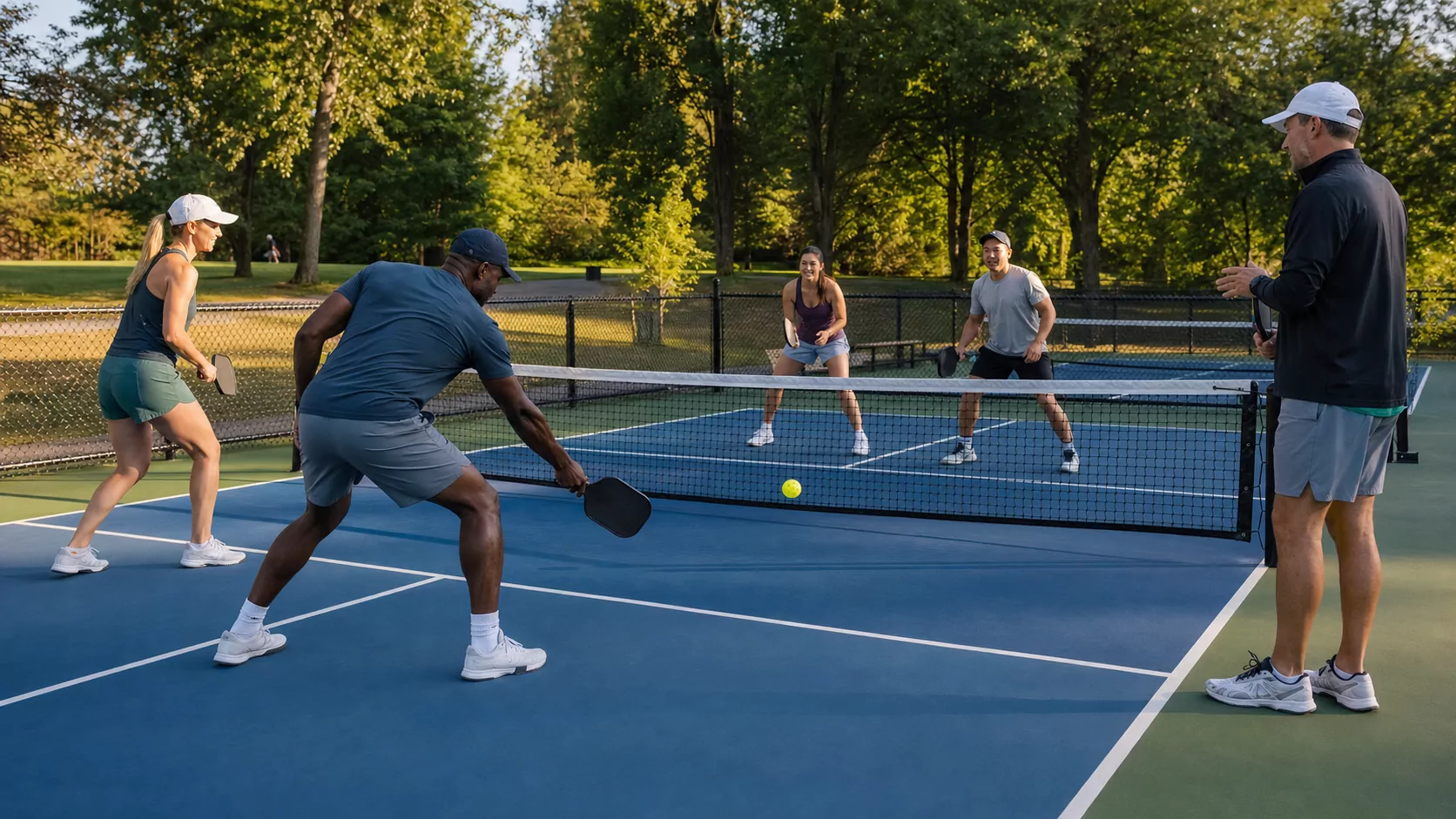 Four adults practising doubles pickleball while a coach provides instruction beside the court