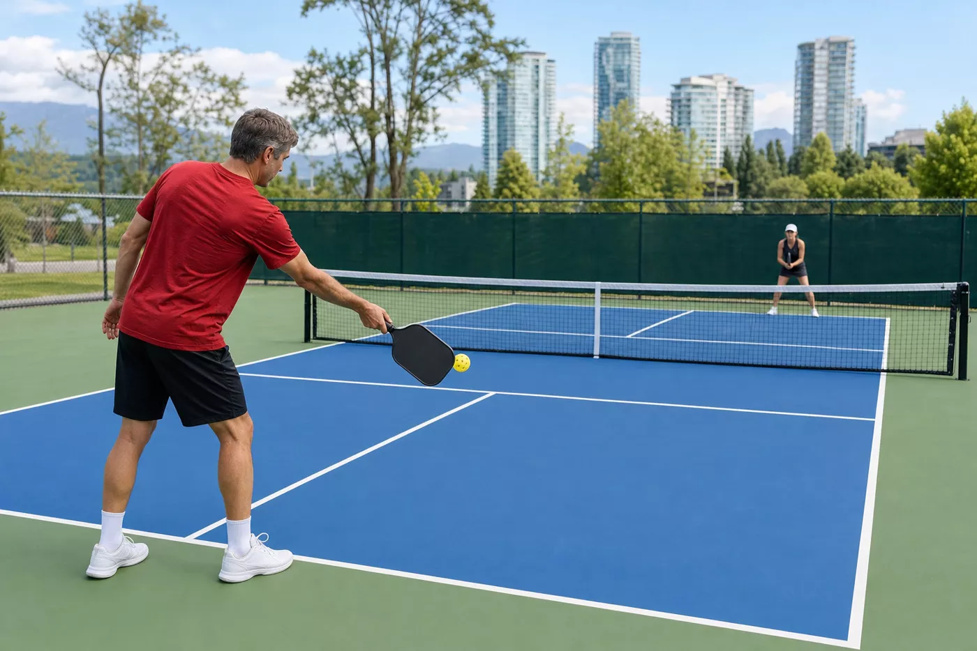 Player making an underhand pickleball serve with both feet behind the baseline