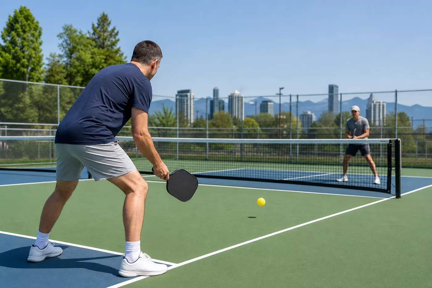 Pickleball receiver waiting behind the baseline while the served ball bounces